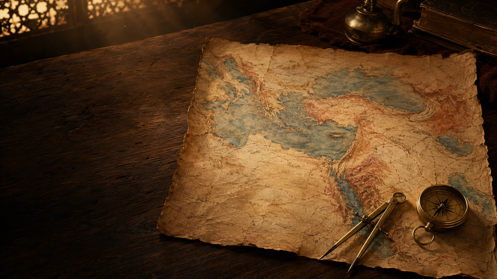 A cinematic Bible atlas showing land, routes, and historical context