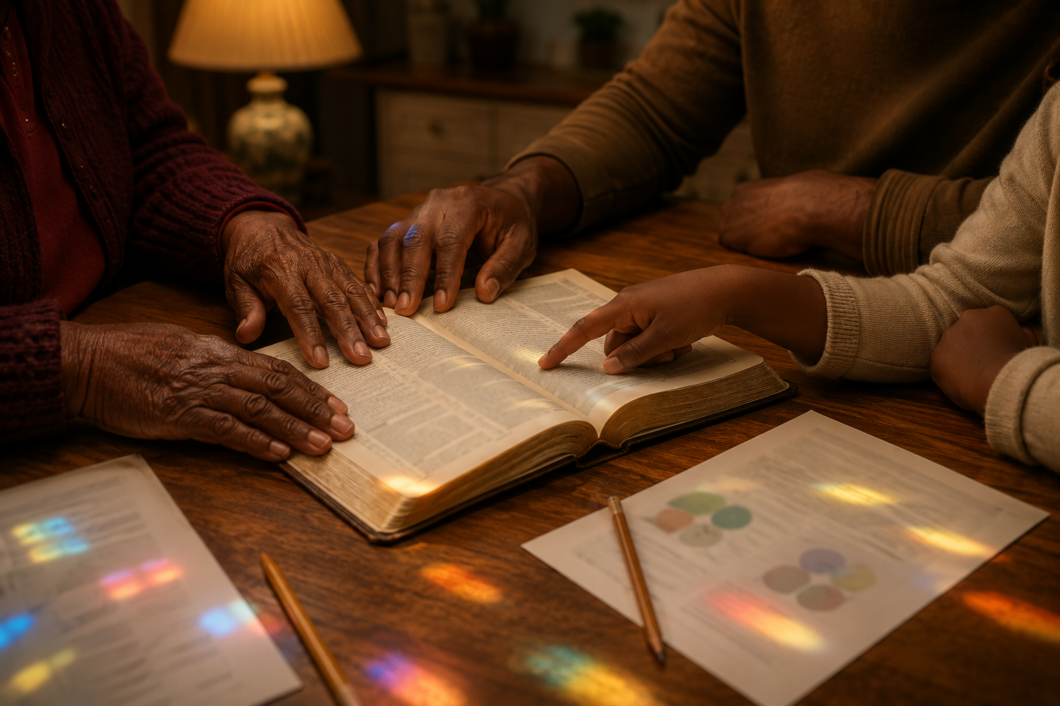 A family gathered around Scripture and conversation at home